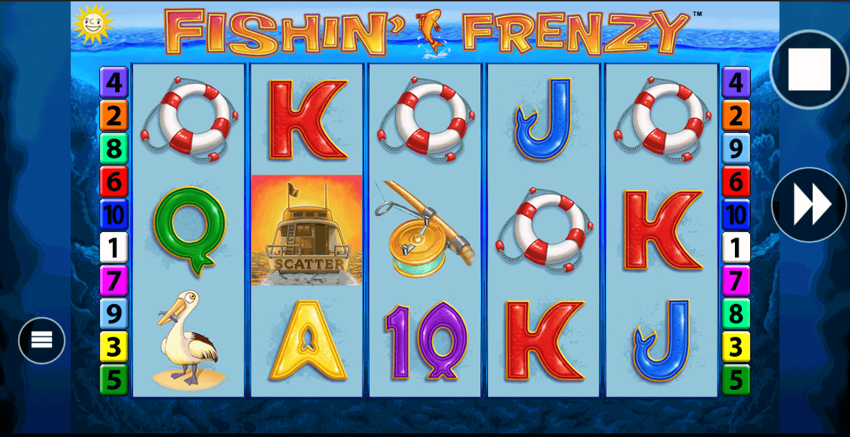 Fishin' Frenzy free games scene at night: a smiling fisherman in a green vest and orange shirt holds a golden fish beside glowing fish symbols worth cash prizes on the reels